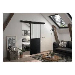 OPTIMUM Kit porte coulissante + rail Atelier - H204 x L83 x P4 cm - Noir verre depoli