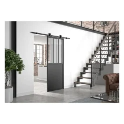OPTIMUM Kit porte coulissante ATELIER noir + rail apparent + cache rail - 204 x 93 cm - verre transparent