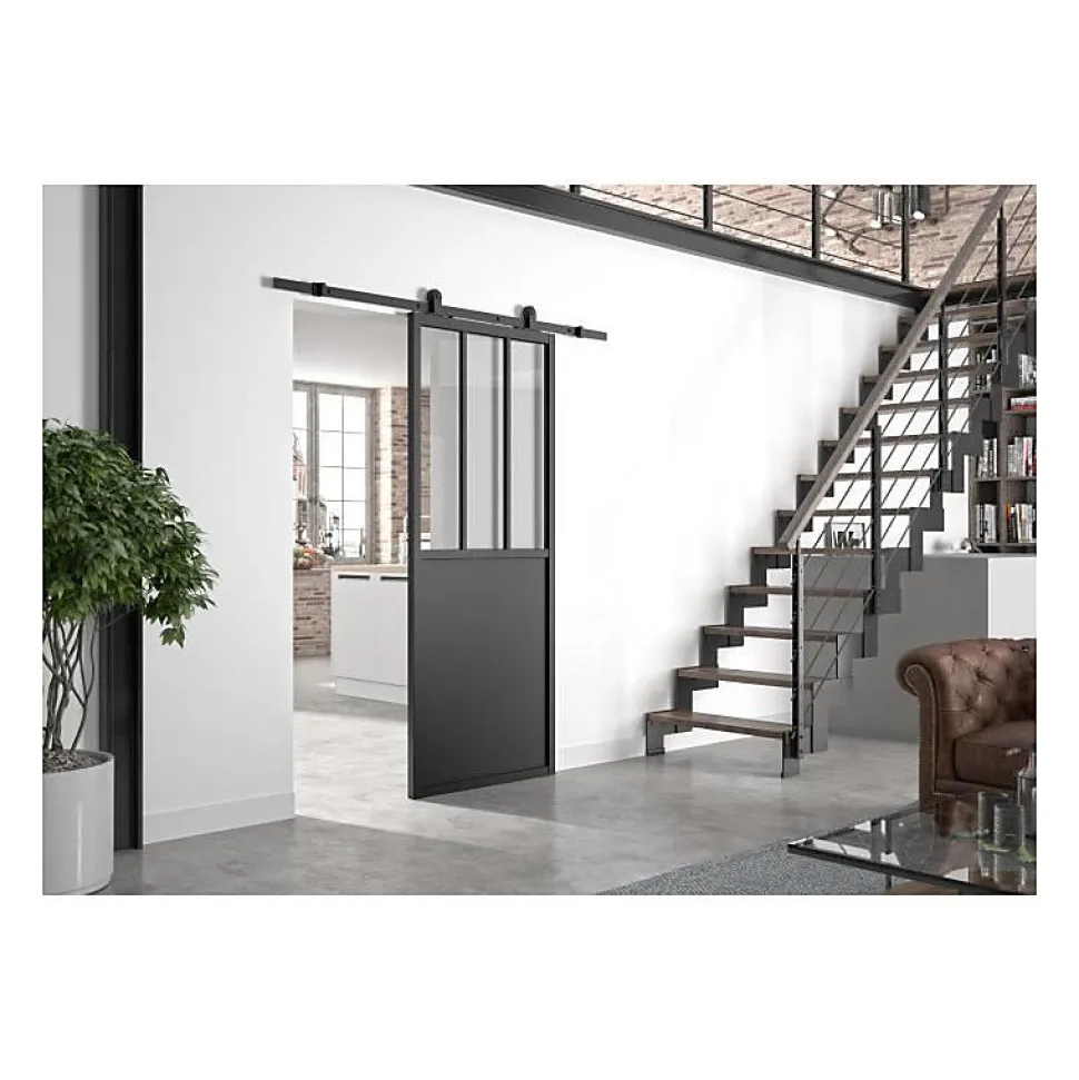 OPTIMUM Kit porte coulissante ATELIER noir + rail apparent + cache rail - 204 x 93 cm - verre transparent