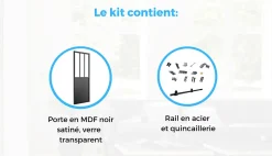 OPTIMUM Kit porte coulissante ATELIER noir + rail apparent + cache rail - 204 x 93 cm - verre transparent