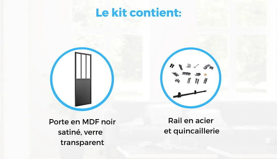 OPTIMUM Kit porte coulissante ATELIER noir + rail apparent + cache rail - 204 x 93 cm - verre transparent