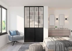 OPTIMUM pack portes de placard coulissantes, 2 vantaux décor atelier noir, verre dépoli blanc, H 2500 x L 1200 mm