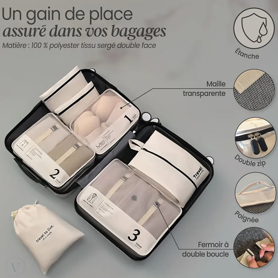 Organisateur de voyage, rangement valise 7 pièces - Beige - Vivezen