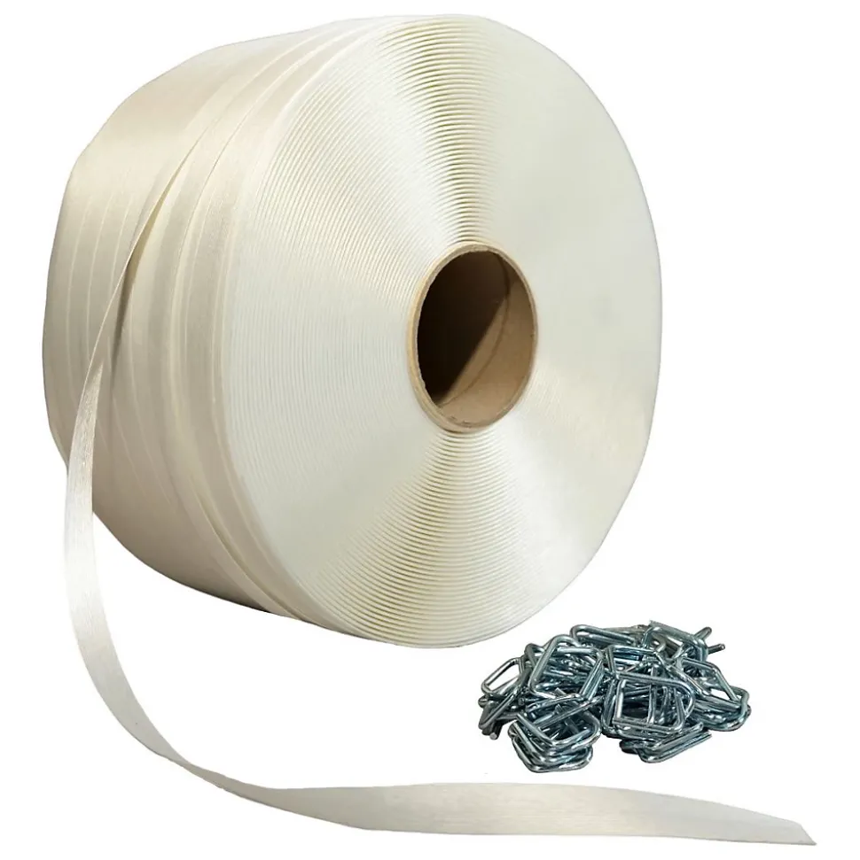 Pack 1 Feuillard de cerclage fil à fil 19 mm x 600 m + 250 Boucles - Feuillard textile Haute Résistance 550kg - TECPLAST PFF1