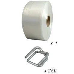 Pack 1 Feuillard de cerclage fil à fil 19 mm x 600 m + 250 Boucles - Feuillard textile Haute Résistance 550kg - TECPLAST PFF1