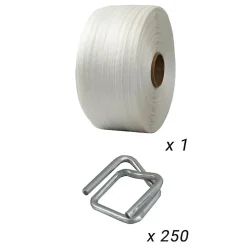Pack 1 Feuillard de cerclage tressé 13 mm x 1100 m + 250 Boucles - Feuillard textile Haute Résistance 350kg - TECPLAST PFT1