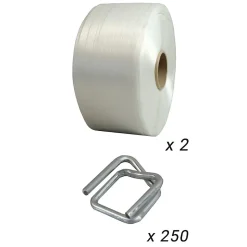 Pack 2 Feuillards de cerclage fil à fil 13 mm x 1100m + 250 Boucles OFFERTES - Feuillard textile Résistance 375kg - TECPLAST PFF2