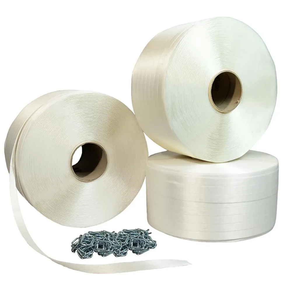 Pack 3 Feuillards de cerclage fil à fil 19 mm x 600 m + 500 Boucles OFFERTES - Feuillard textile Résistance 550kg - TECPLAST PFF3