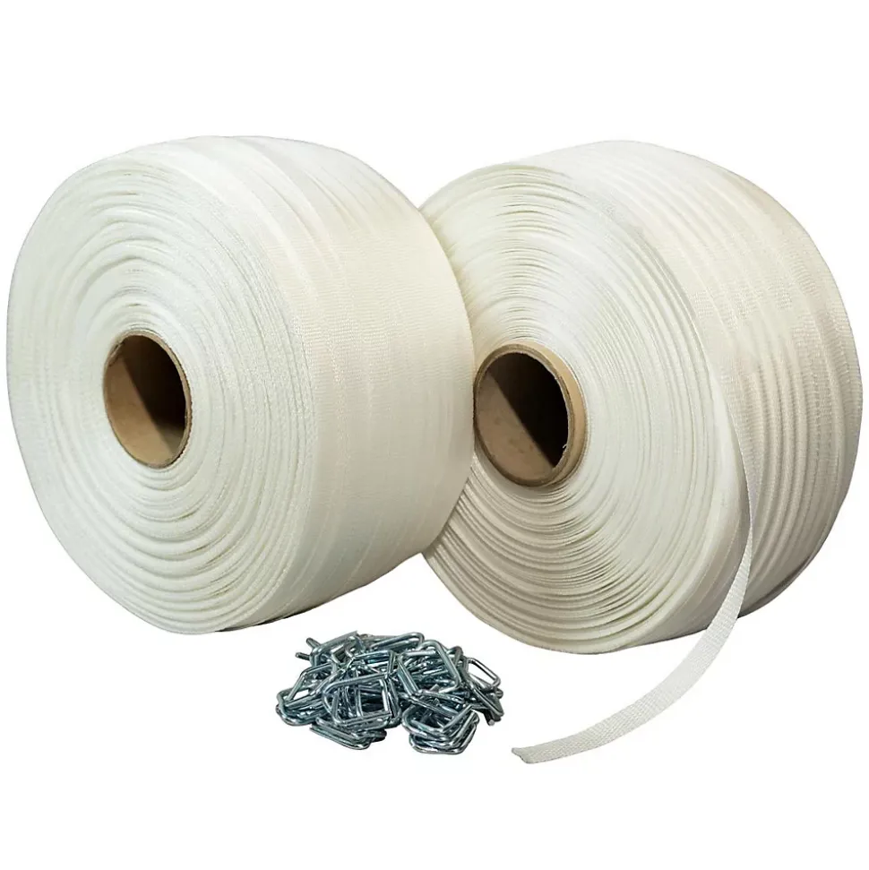 Pack 2 Feuillards de cerclage tressés 19 mm x 500 m + 250 Boucles OFFERTES - Feuillard textile Résistance 750kg - TECPLAST PFT2