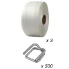 Pack 3 Feuillards de cerclage tressés 13 mm x 1100 m + 500 Boucles OFFERTES - Feuillard textile Résistance 350kg - TECPLAST PFT3