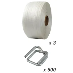 Pack 3 Feuillards de cerclage tressés 13 mm x 1100 m + 500 Boucles OFFERTES - Feuillard textile Résistance 350kg - TECPLAST PFT3