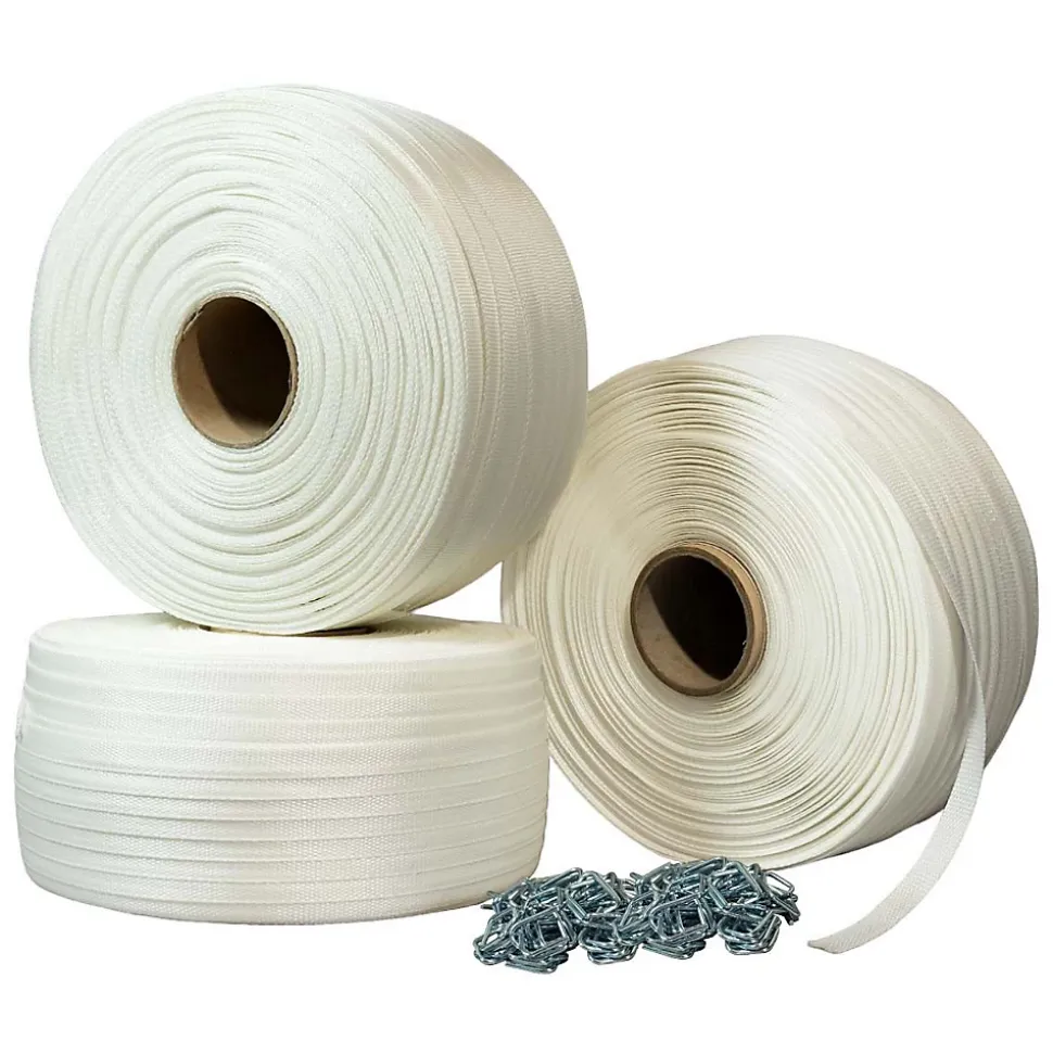 Pack 3 Feuillards de cerclage tressés 13 mm x 1100 m + 500 Boucles OFFERTES - Feuillard textile Résistance 350kg - TECPLAST PFT3