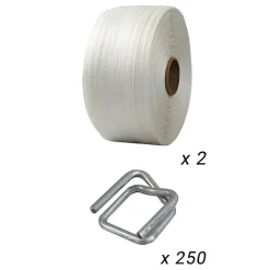 Pack 2 Feuillards de cerclage tressés 16 mm x 850 m + 250 Boucles OFFERTES - Feuillard textile Résistance 450kg - TECPLAST PFT2