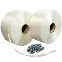 Pack 2 Feuillards de cerclage fil à fil 16 mm x 850 m + 250 Boucles OFFERTES - Feuillard textile Résistance 450kg - TECPLAST PFF2