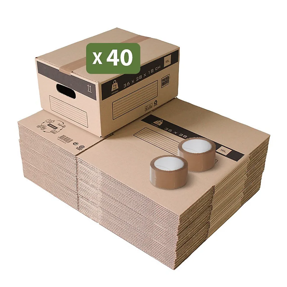 Pack and Move - Lot 40 cartons déménagement stockage S - 36 x 28 x 18 cm - Poignées renforcées - 2 adhésifs offerts