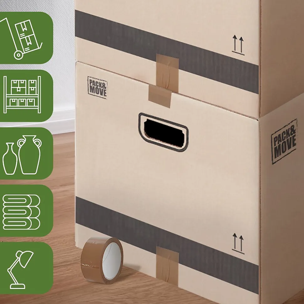 Pack and Move - Lot 40 cartons déménagement L larges - 40 x 60 x 40 cm - Poignées renforcées - 2 adhésifs offerts