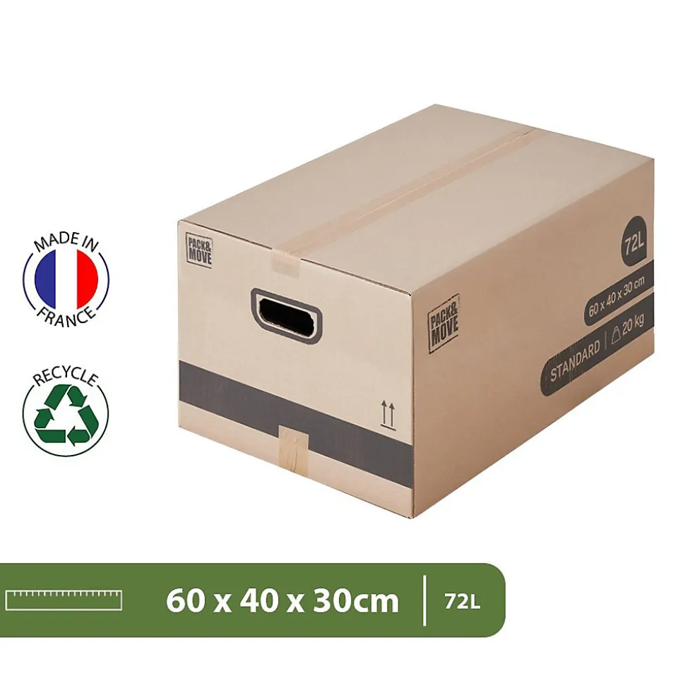 Pack and Move - Lot 60 cartons déménagement M - 60 x 40 x 30 cm - Poignées renforcées - 3 adhésifs offerts