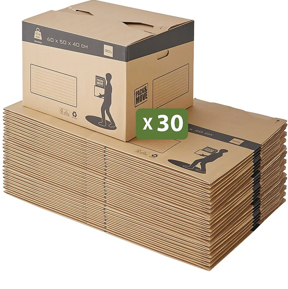 Pack and Move - Lot 30 cartons déménagement automatique - 60 x 50 x 40 cm - Poignées renforcées