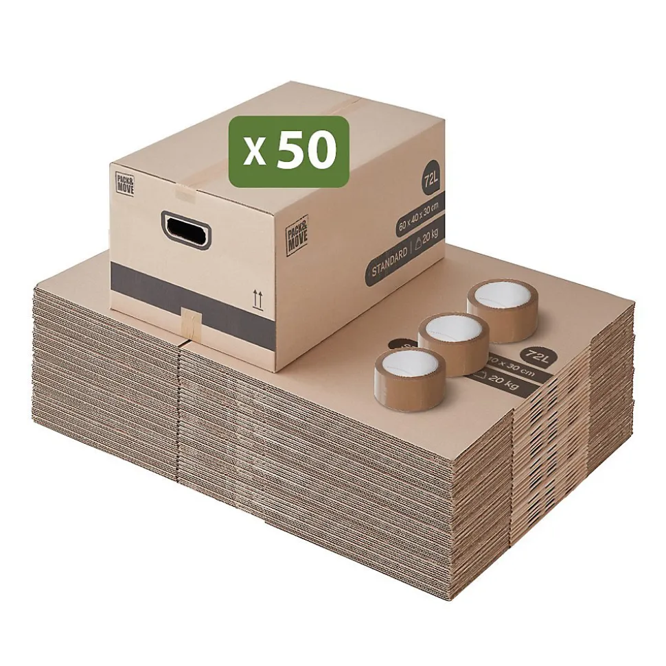 Pack and Move - Lot 50 Cartons Déménagement Stockage M - 60 x 40 x 30 cm - Poignées renforcées - 3 adhésifs offerts