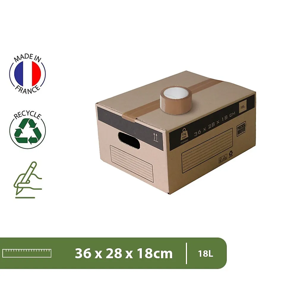Pack and Move - Lot 10 Cartons Déménagement Stockage S - 36 x 28 x 18 cm - Poignées renforcées - 1 adhésif offert