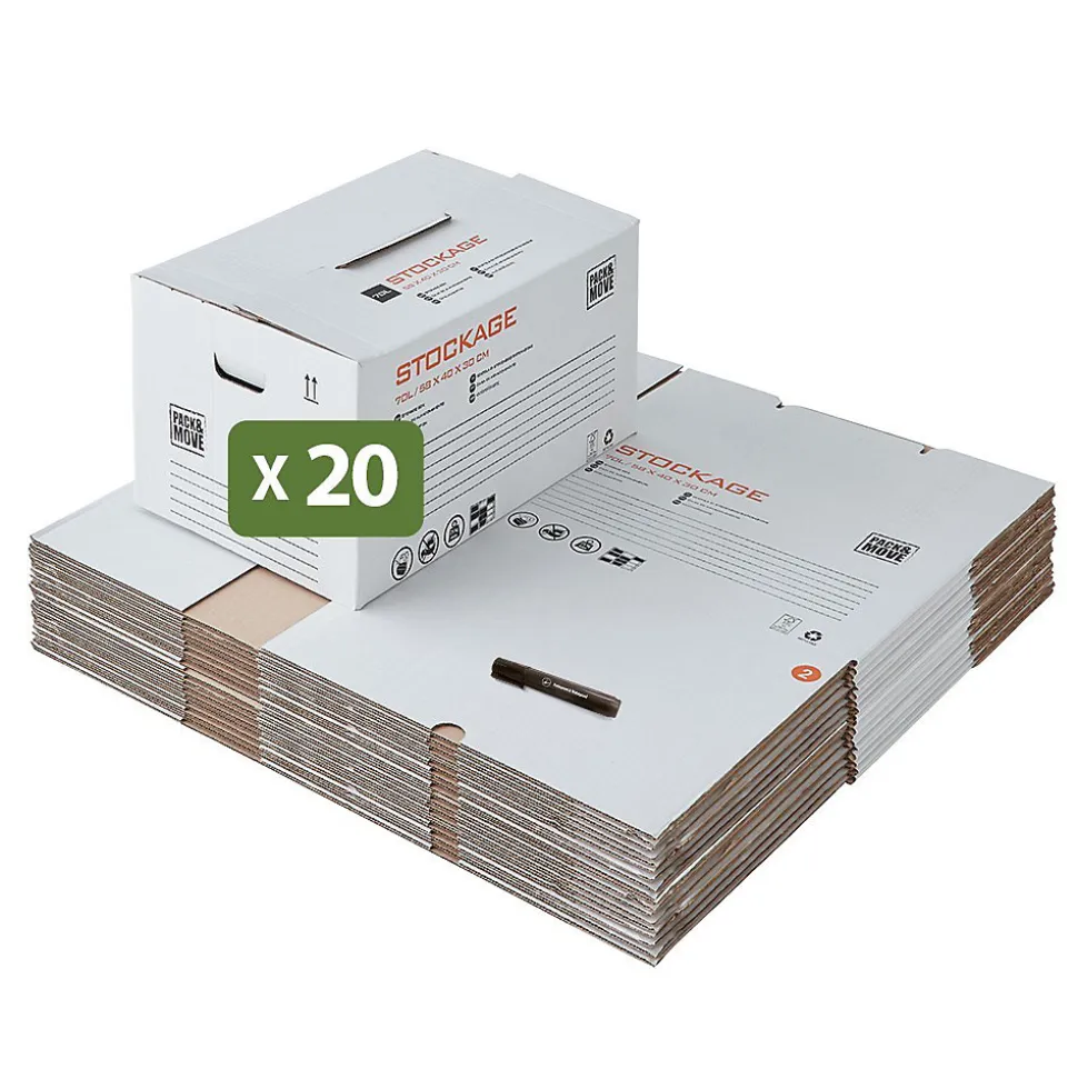 Pack and Move - Lot 20 cartons stockage - 55 x 30 x 30 cm - Poignées renforcées - 1 marqueur offert