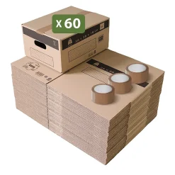 Pack and Move - Lot 60 cartons déménagement stockage S - 36 x 28 x 18 cm - Poignées renforcées - 3 adhésifs offerts