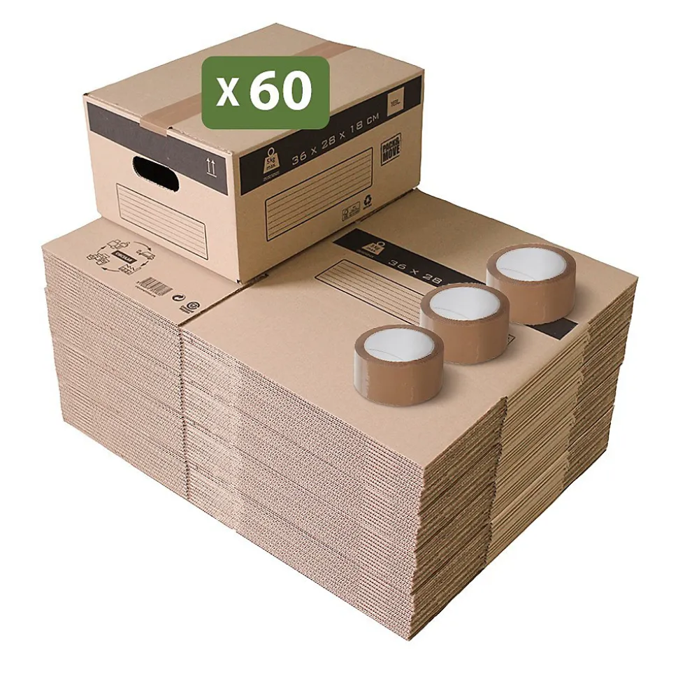 Pack and Move - Lot 60 cartons déménagement stockage S - 36 x 28 x 18 cm - Poignées renforcées - 3 adhésifs offerts