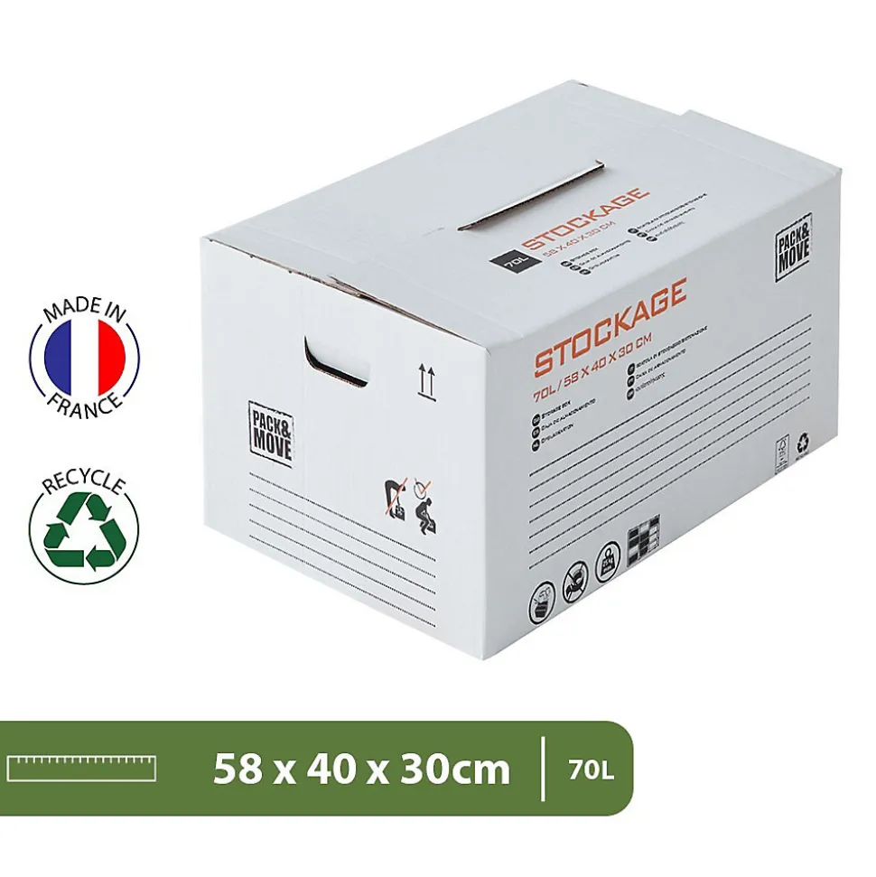 Pack and Move - Lot 20 cartons stockage - 58 x 40 x 30 cm - Poignées renforcées - 1 marqueur offert