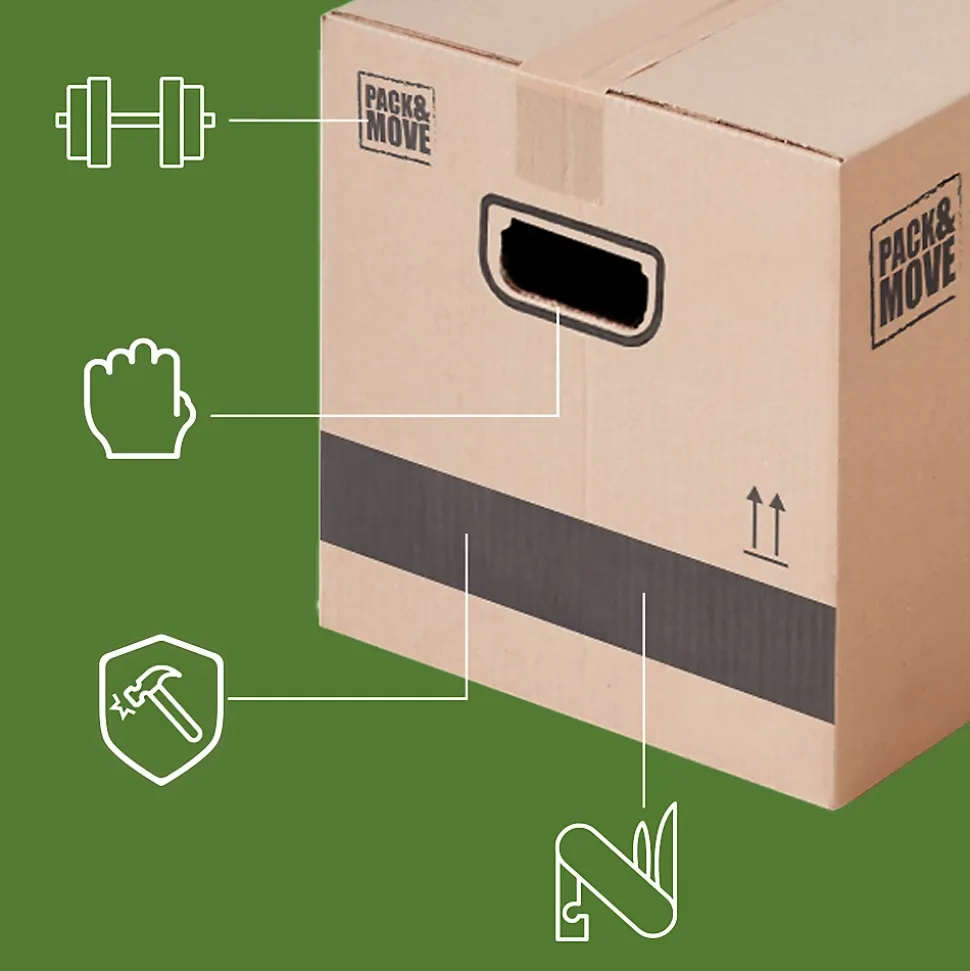Pack and Move - Lot 50 cartons déménagement stockage standard - 60 x 30 x 30 cm - Poignées renforcées - 3 adhésifs offerts