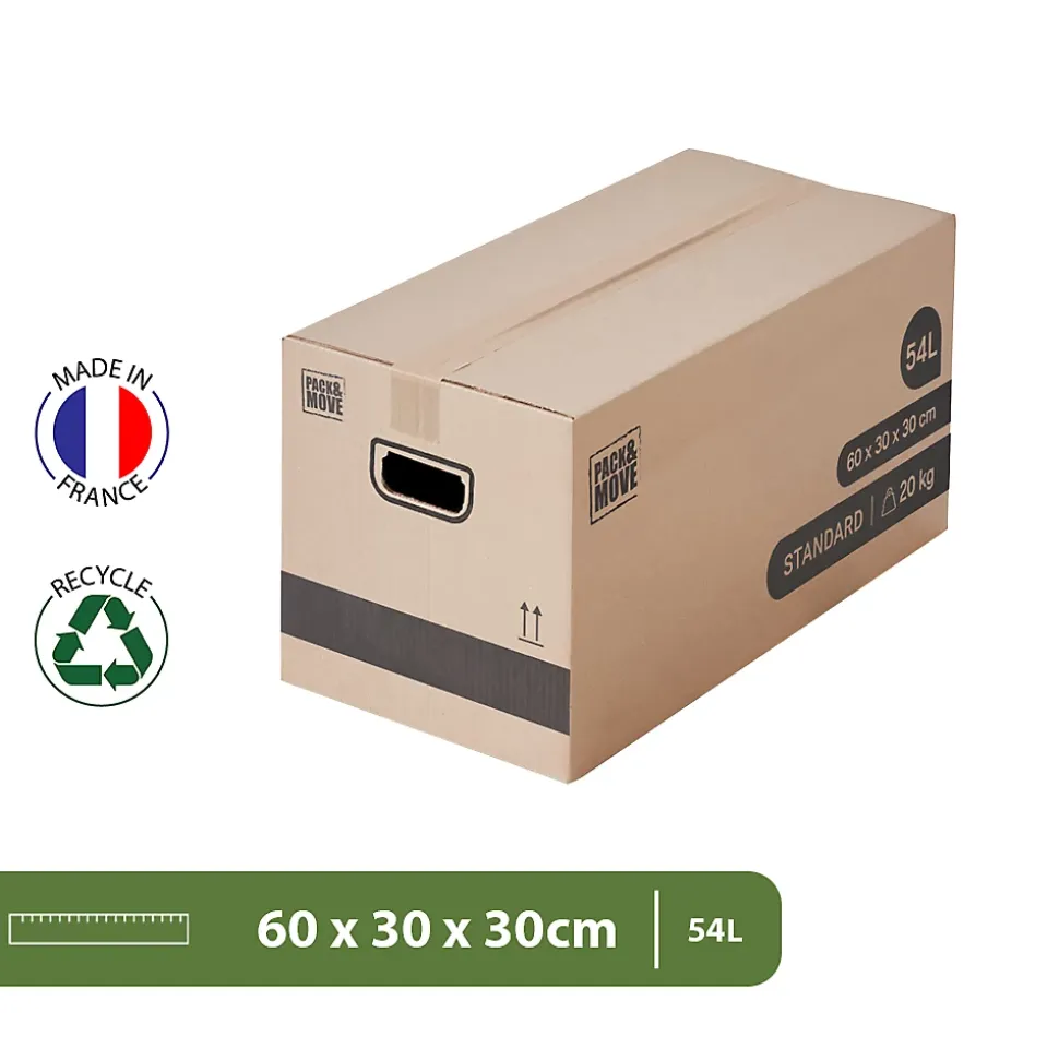 Pack and Move - Lot 50 cartons déménagement stockage standard - 60 x 30 x 30 cm - Poignées renforcées - 3 adhésifs offerts