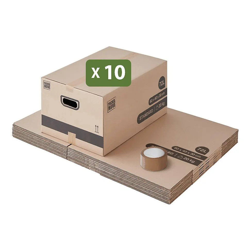 Pack and Move - Lot 10 Cartons Déménagement Stockage M - 60 x 40 x 30 cm - Poignées renforcées - 1 adhésif offert