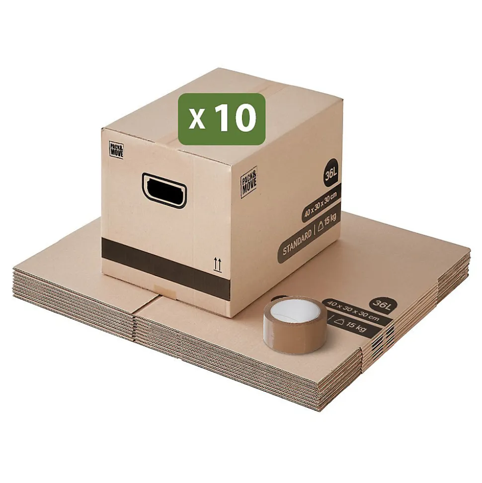 Pack and Move - Lot 10 cartons déménagement stockage livres - 40 x 30 x 30 cm - Poignées renforcées - 1 adhésif offert