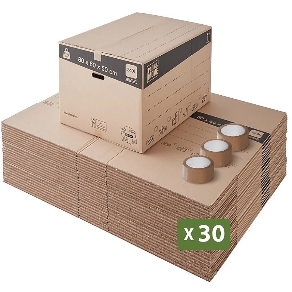 Pack and Move - Lot 30 cartons déménagement XXL - 80 x 60 x 50 cm - Poignées renforcées - 3 adhésifs offerts