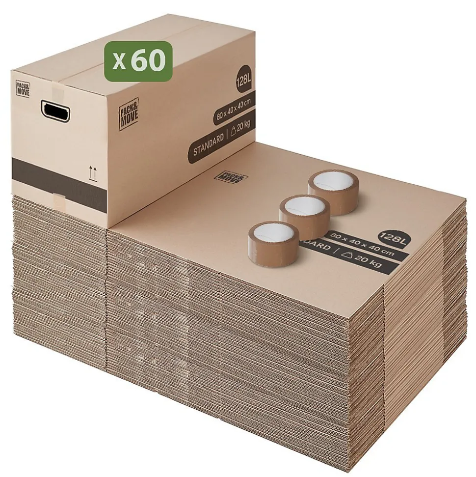 Pack and Move - Lot 60 cartons déménagement XL - 80 x 40 x 40 cm - Poignées renforcées - 3 adhésifs offerts