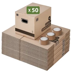 Pack and Move - Lot 50 cartons déménagement stockage livres - 40 x 30 x 30 cm - Poignées renforcées - 3 adhésifs offerts