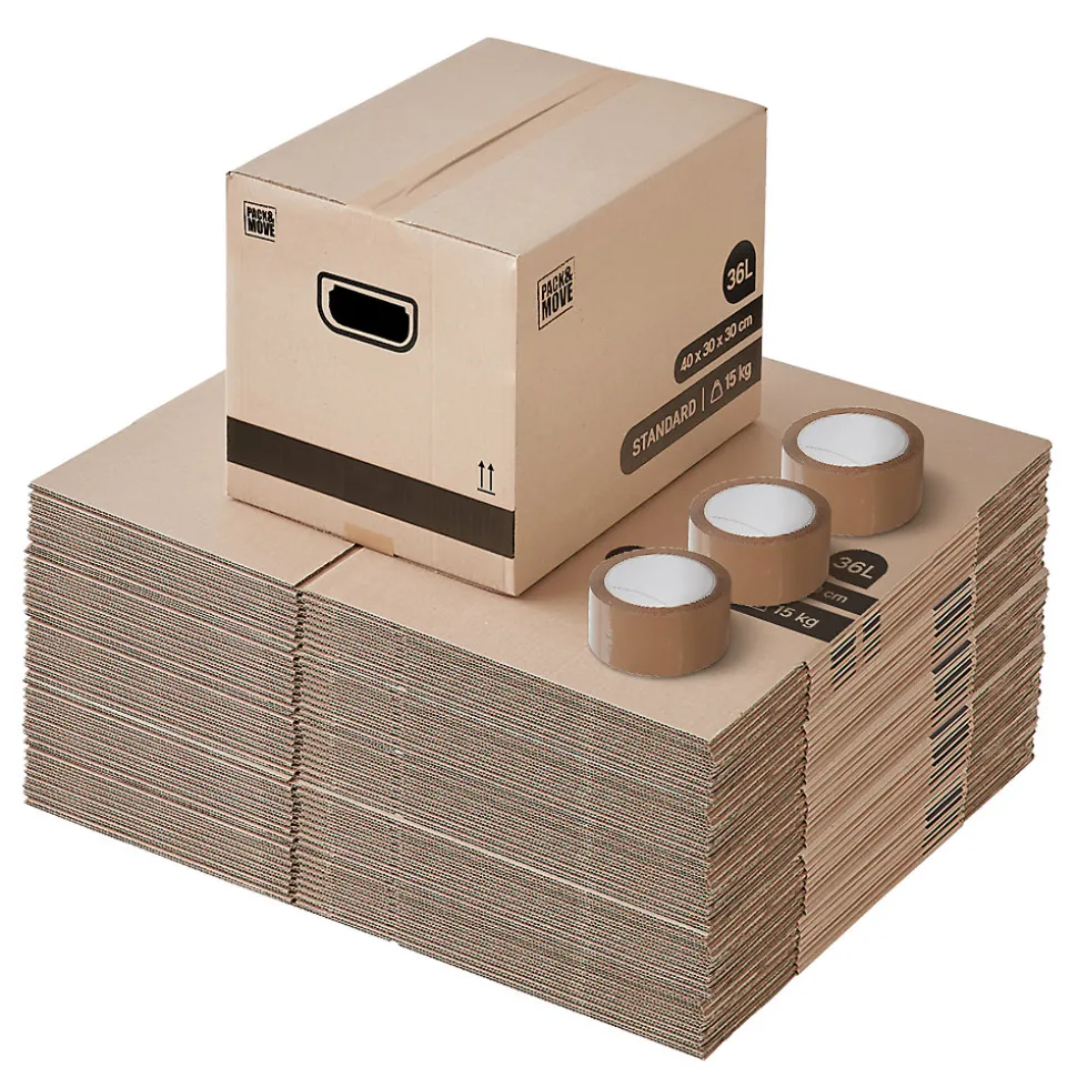 Pack and Move - Lot 50 cartons déménagement stockage livres - 40 x 30 x 30 cm - Poignées renforcées - 3 adhésifs offerts