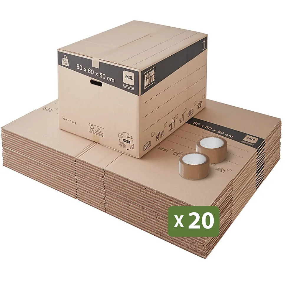 Pack and Move - Lot 20 cartons déménagement XXL - 80 x 60 x 50 cm - Poignées renforcées - 2 adhésifs offerts