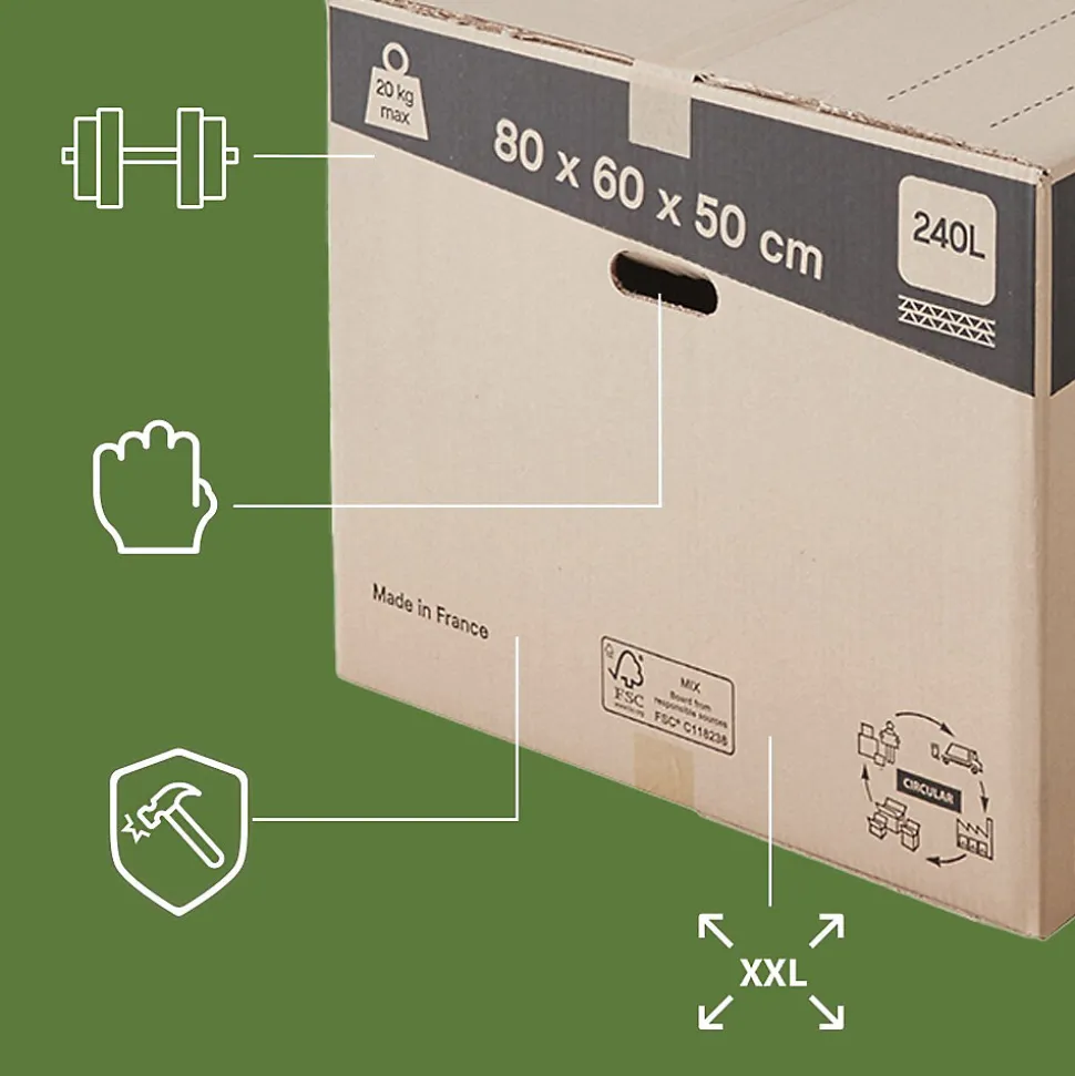 Pack and Move - Lot 20 cartons déménagement XXL - 80 x 60 x 50 cm - Poignées renforcées - 2 adhésifs offerts