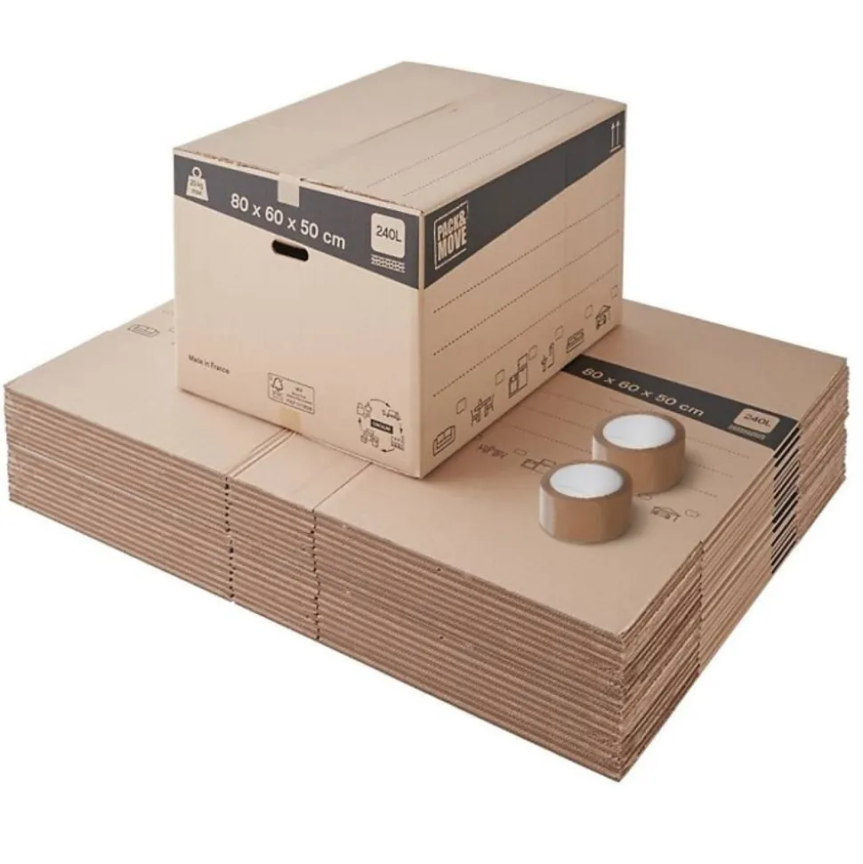 Pack and Move - Lot 20 cartons déménagement XXL - 80 x 60 x 50 cm - Poignées renforcées - 2 adhésifs offerts