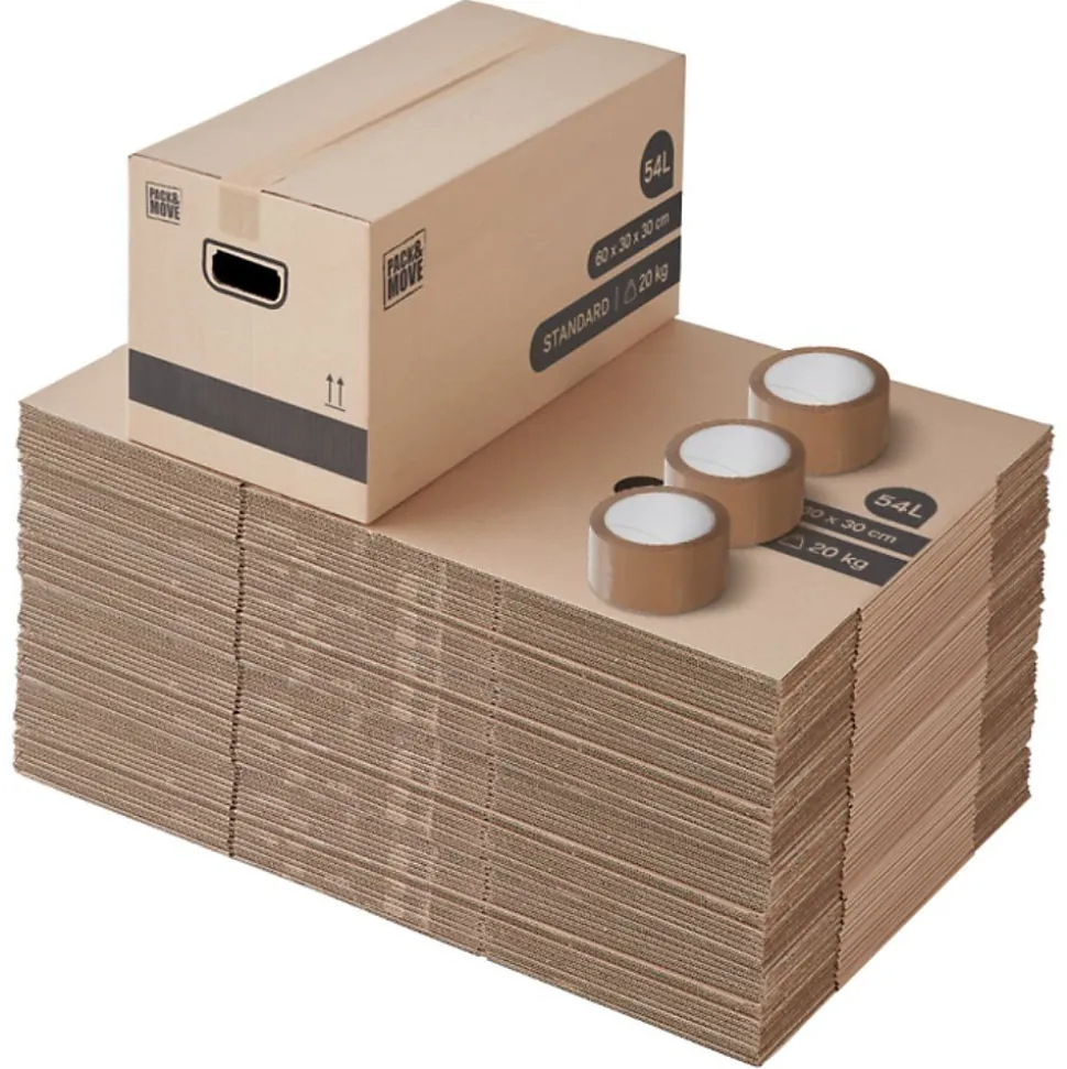 Pack and Move - Lot 60 cartons déménagement stockage standard - 60 x 30 x 30 cm - Poignées renforcées - 3 adhésifs offerts