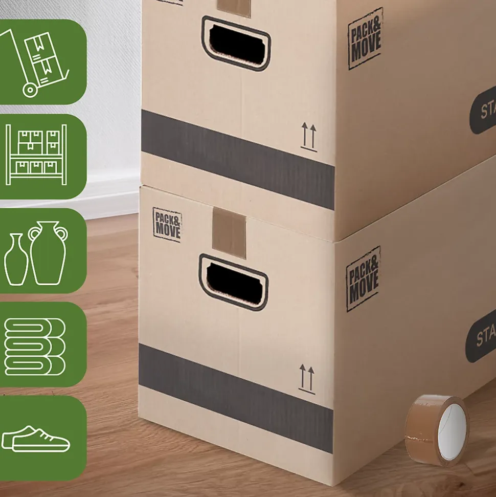 Pack and Move - Lot 60 cartons déménagement stockage standard - 60 x 30 x 30 cm - Poignées renforcées - 3 adhésifs offerts