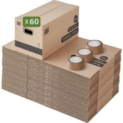 Pack and Move - Lot 60 cartons déménagement stockage standard - 60 x 30 x 30 cm - Poignées renforcées - 3 adhésifs offerts