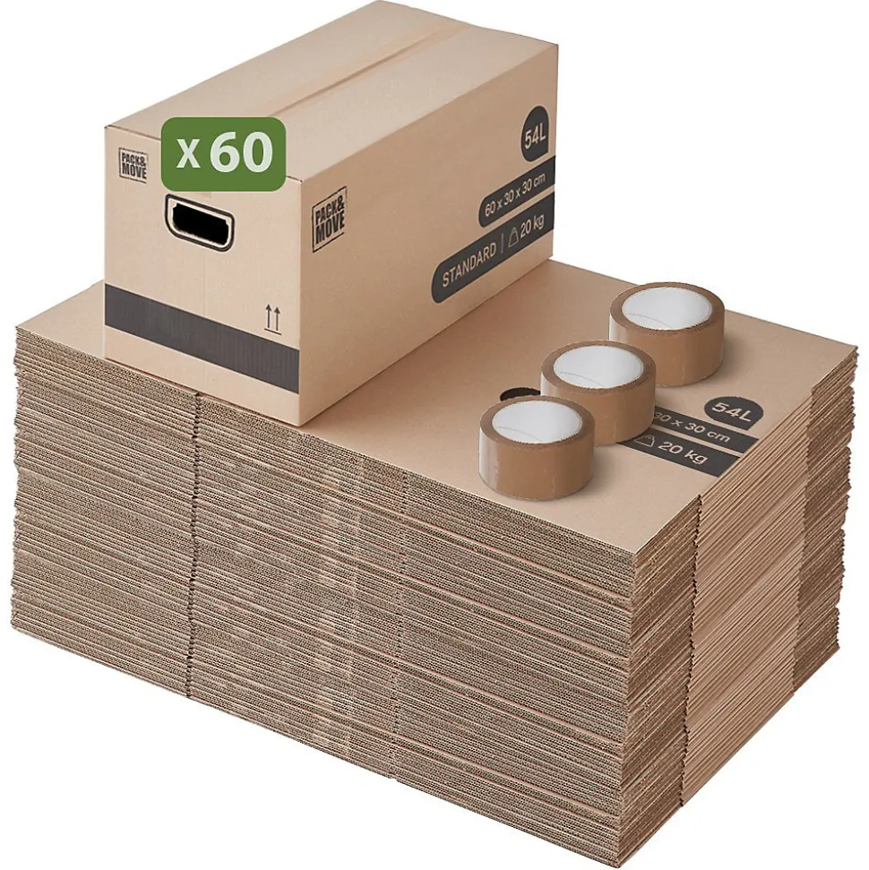 Pack and Move - Lot 60 cartons déménagement stockage standard - 60 x 30 x 30 cm - Poignées renforcées - 3 adhésifs offerts