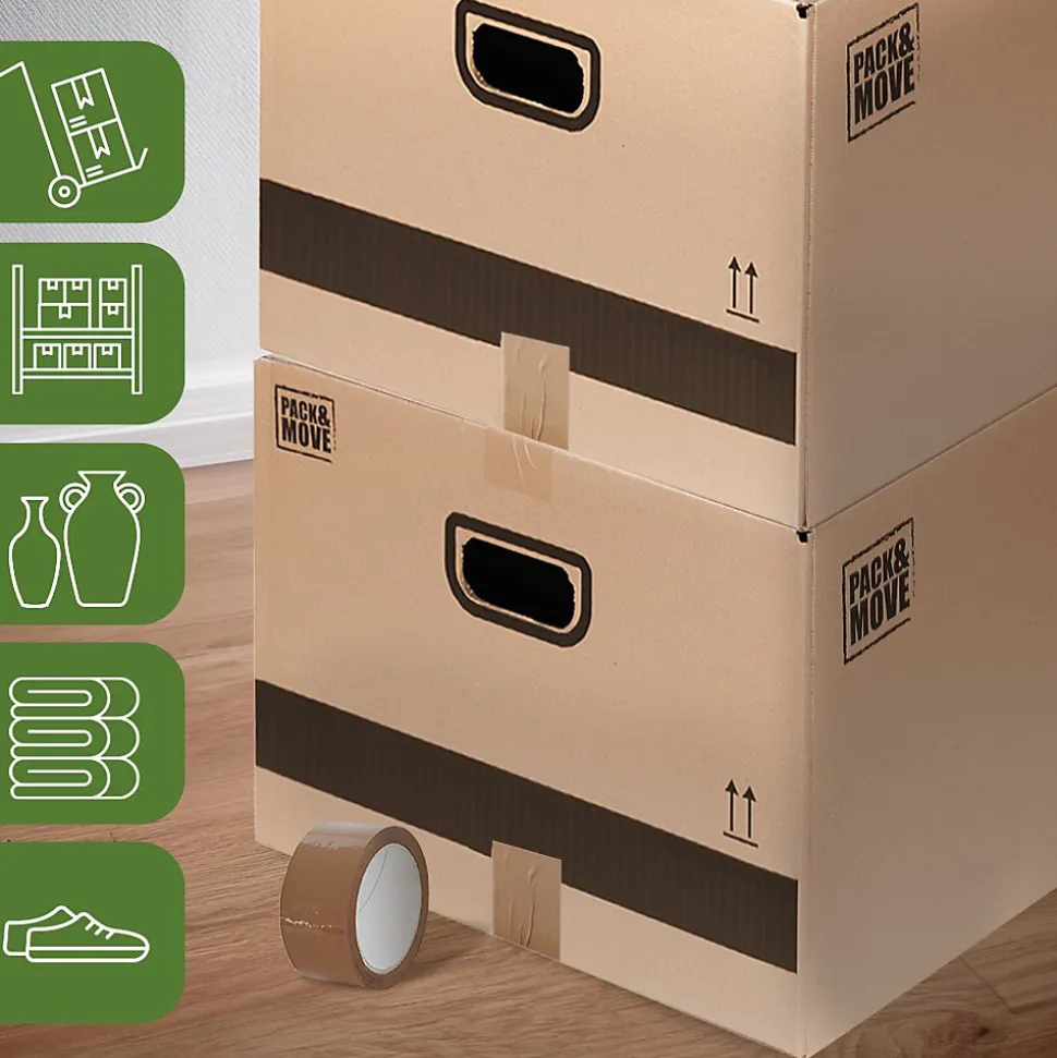 Pack and Move - Lot 30 Cartons Déménagement Stockage M - 60 x 40 x 30 cm - Poignées renforcées - 2 adhésifs offerts