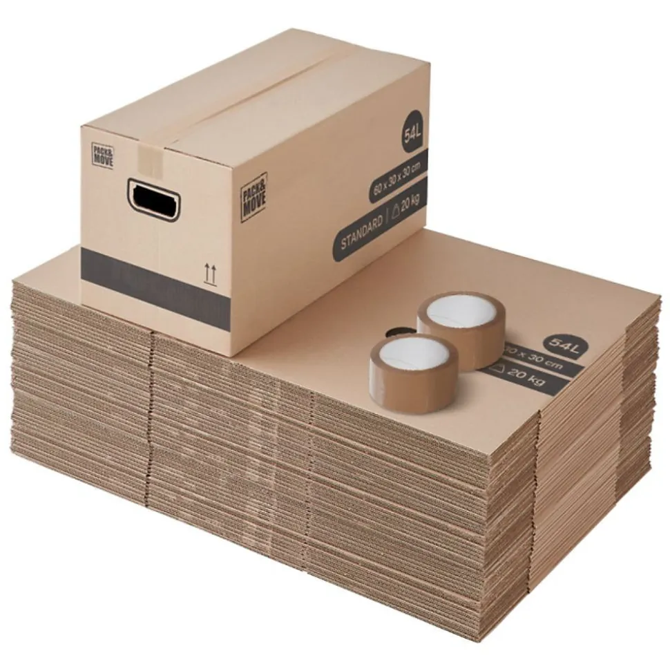 Pack and Move - Lot 40 cartons déménagement stockage standard - 60 x 30 x 30 cm - Poignées renforcées - 2 adhésifs offerts