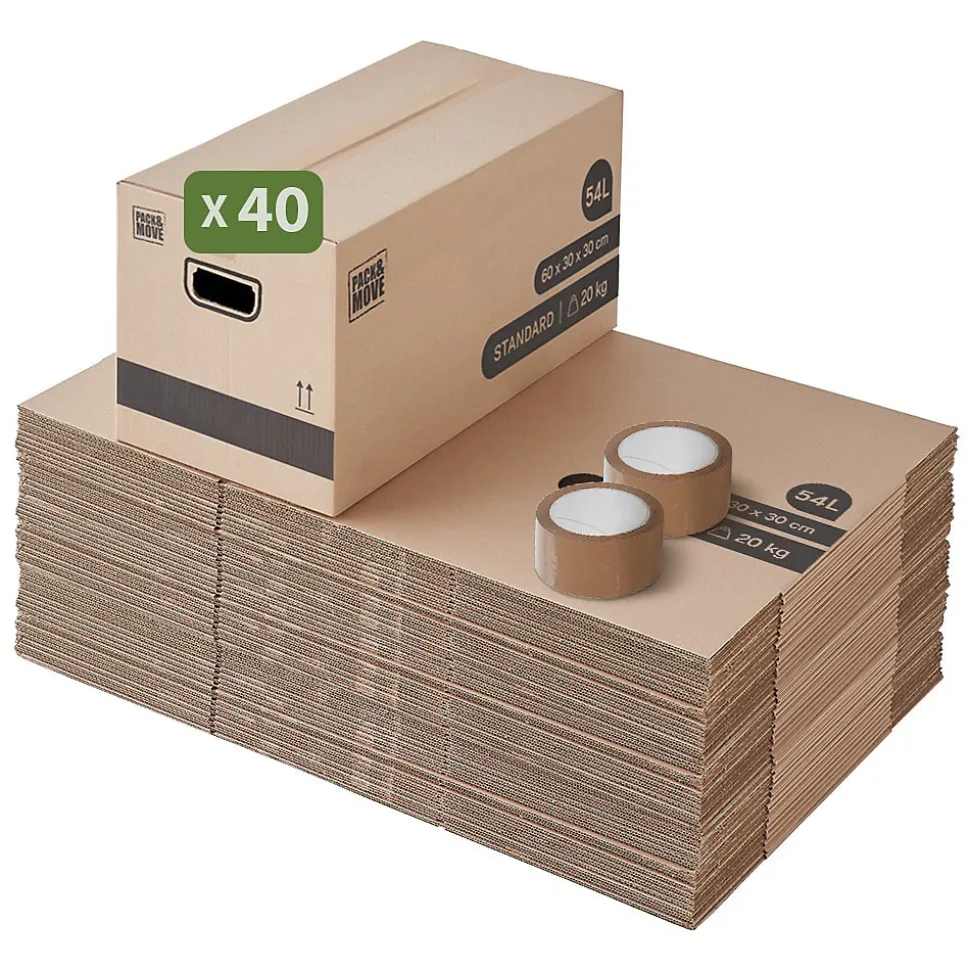 Pack and Move - Lot 40 cartons déménagement stockage standard - 60 x 30 x 30 cm - Poignées renforcées - 2 adhésifs offerts