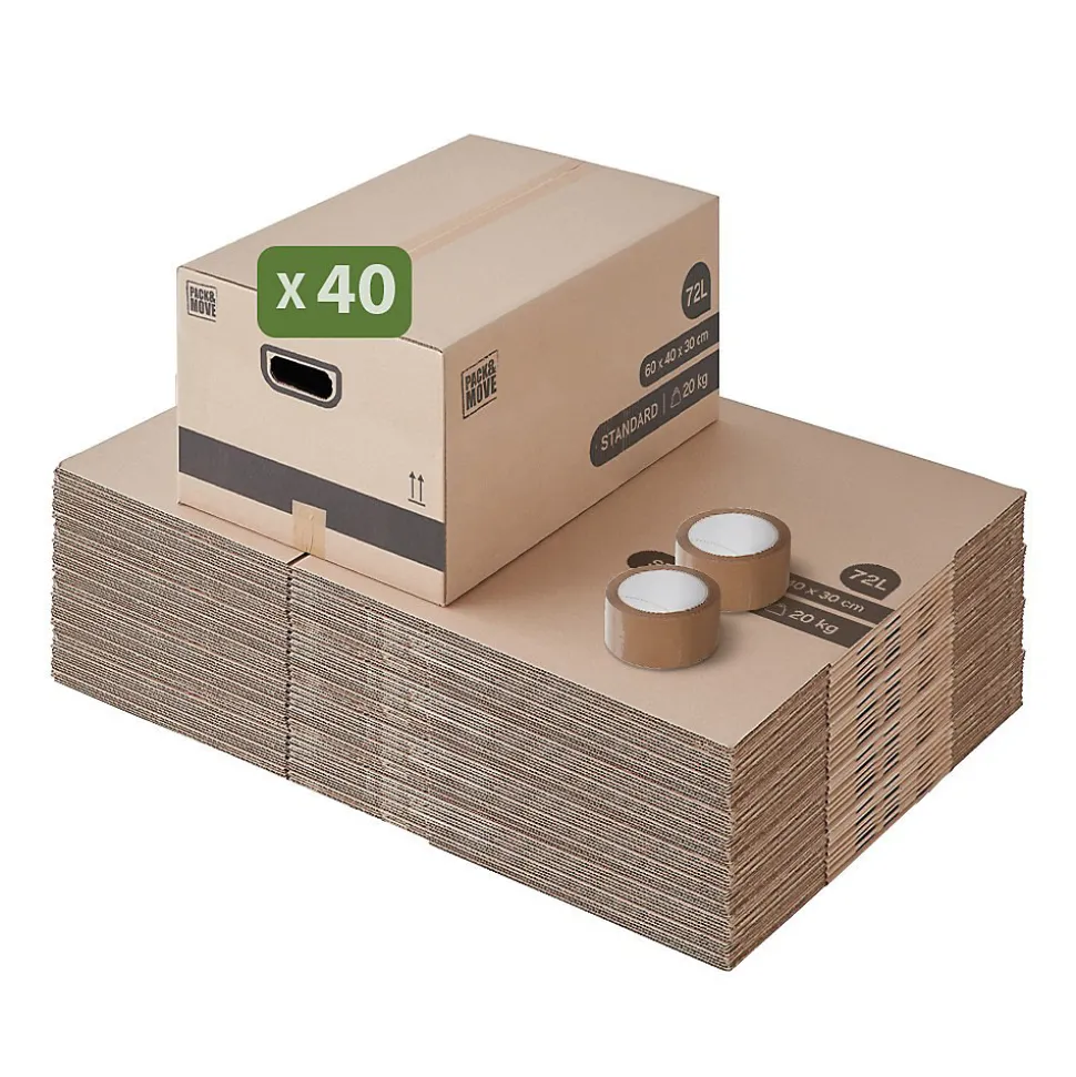 Pack and Move - Lot 40 cartons déménagement M - 60 x 40 x 30 cm - Poignées renforcées - 2 adhésifs offerts