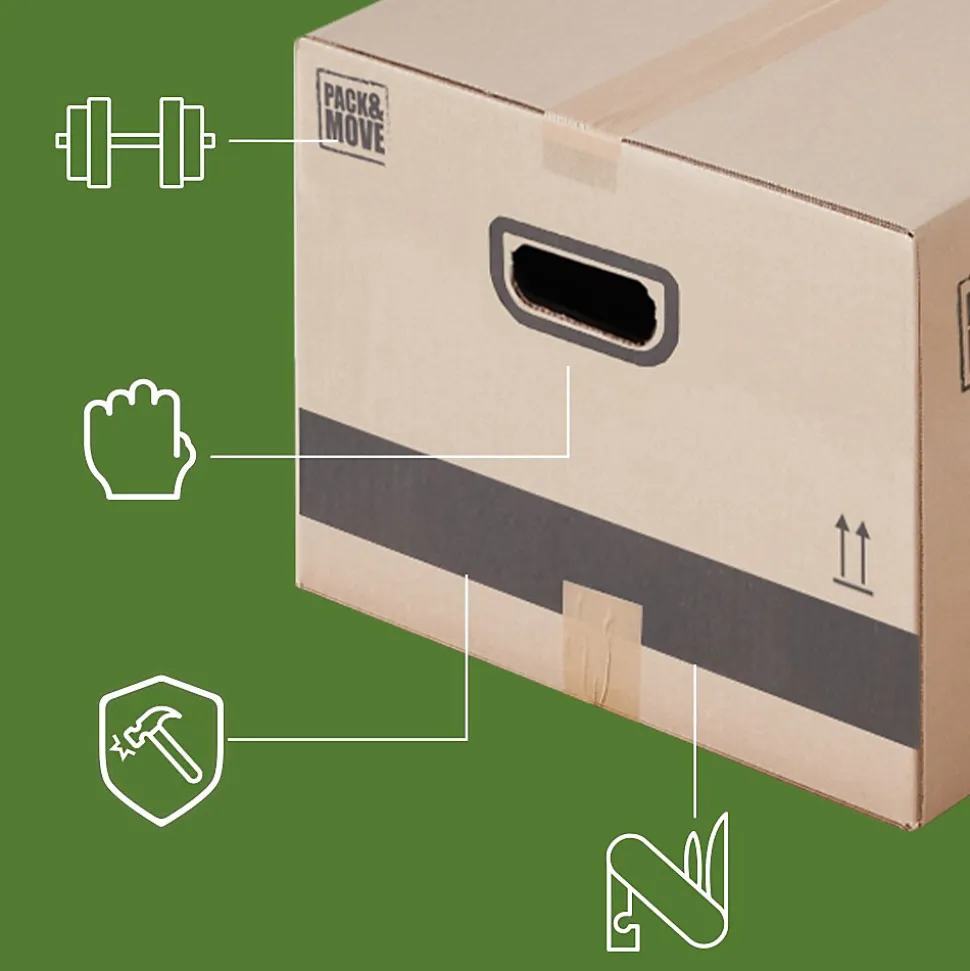 Pack and Move - Lot 40 cartons déménagement M - 60 x 40 x 30 cm - Poignées renforcées - 2 adhésifs offerts