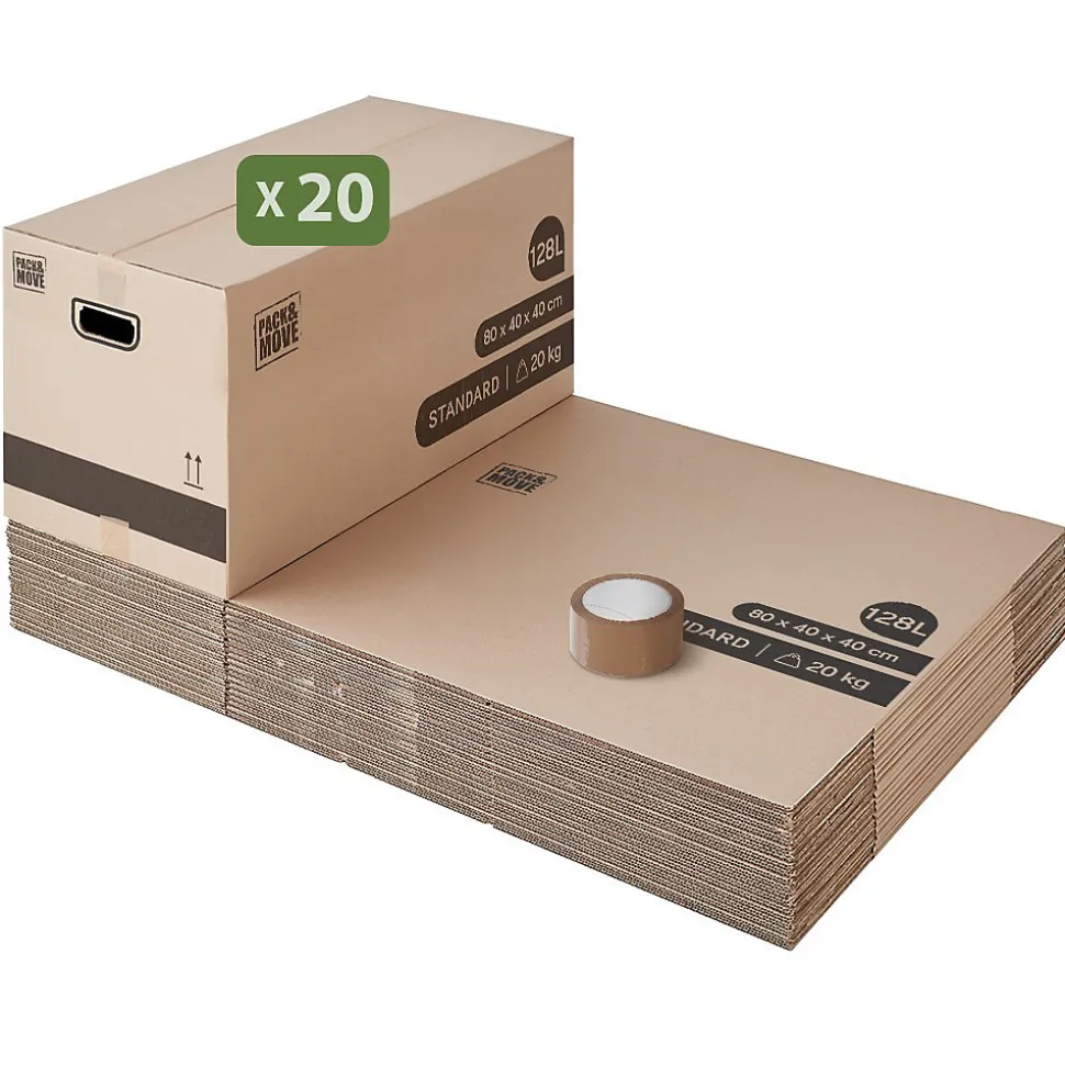 Pack and Move - Lot 20 cartons déménagement XL - 80 x 40 x 40 cm - Poignées renforcées - 1 adhésif offert