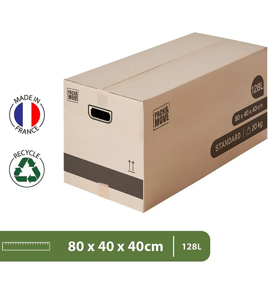 Pack and Move - Lot 20 cartons déménagement XL - 80 x 40 x 40 cm - Poignées renforcées - 1 adhésif offert